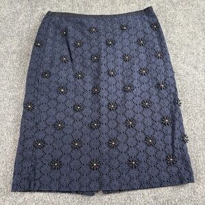 Talbots Skirt Women 4 Navy Blue Floral Eyelet Embroidered Beaded Classic Elegant